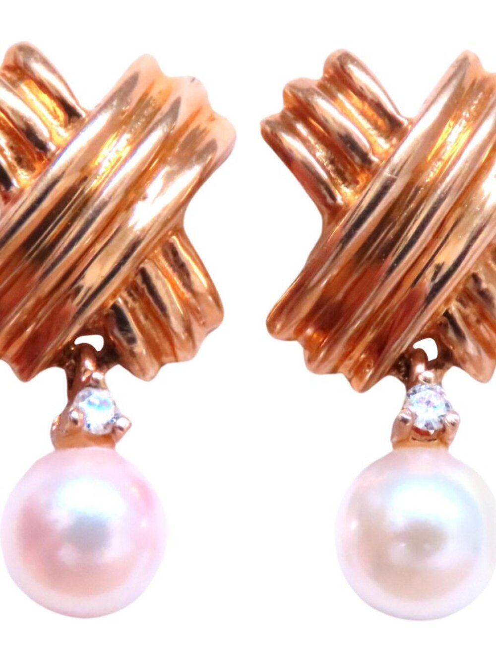 5.5mm Cultured Pearl Dangle ''x'' Earrings 14kt Gold Retro*